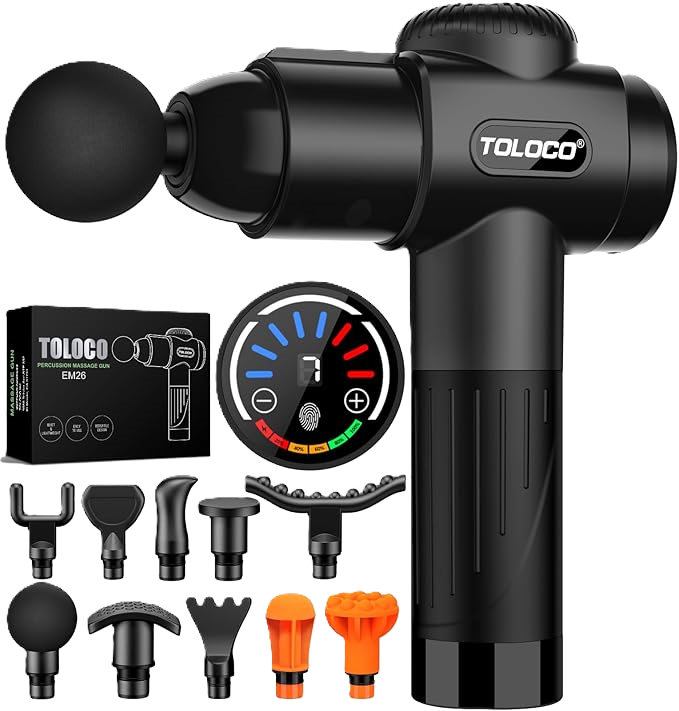 Toloco percussion massage gun with digital display and 10 interchangeable massage heads, including flat, bullet, fork, and ball attachments, ideal for muscle recovery and deep tissue therapy
